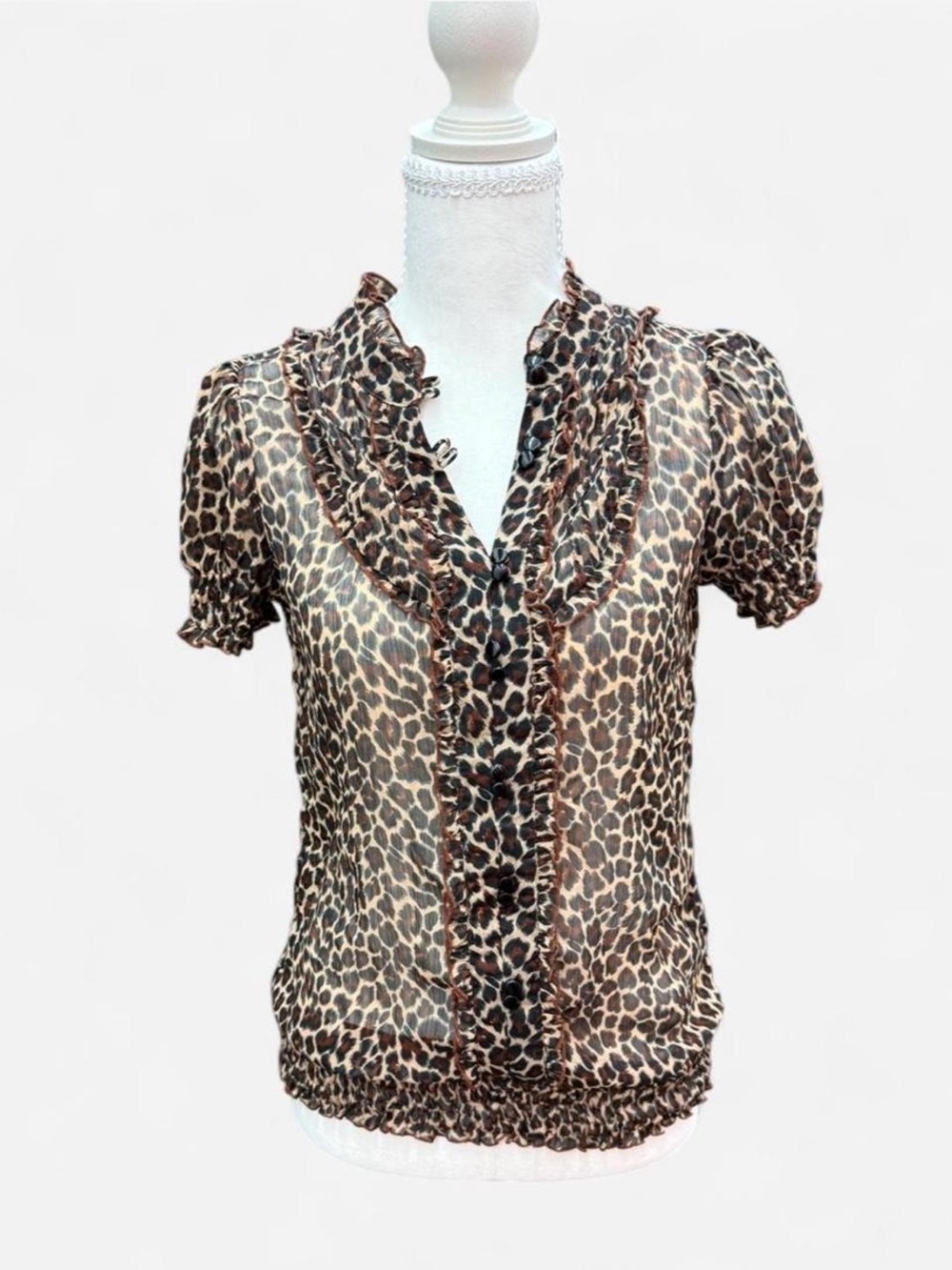 Vintage Fleurish Leopard Print Ruffle V-Neck Blouse - Brown/Black